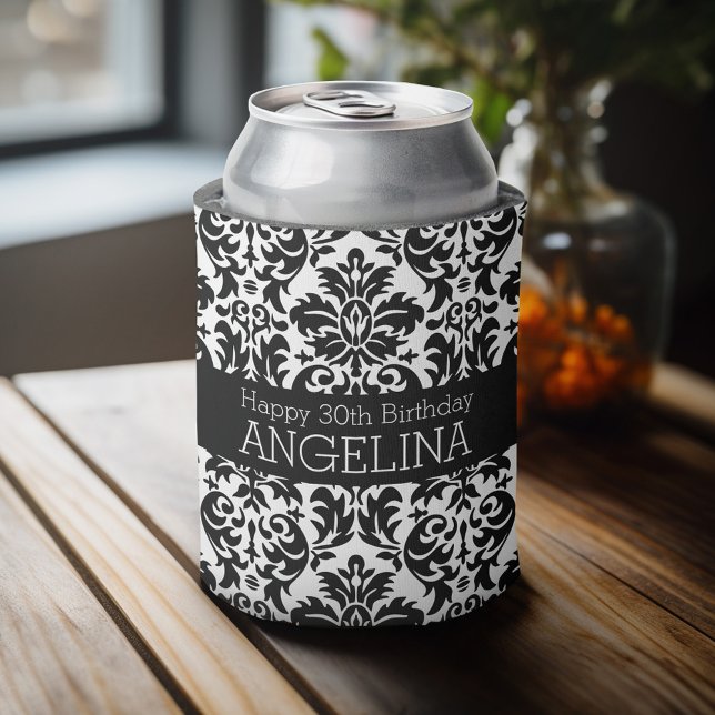 Porta-lata Feliz aniversário com Trendy Black e White Damask (Personalized Can Cooler - Add Custom Text or Name)