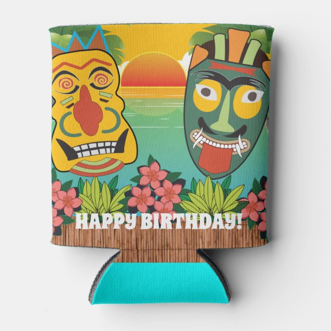 Porta-lata Feliz aniversário Engraçado Tiki Enfrenta Sunset (Frente)