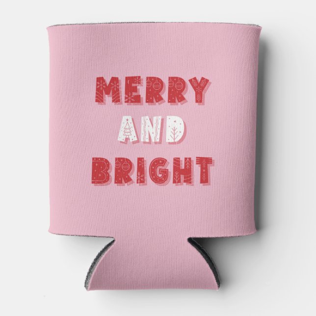 Porta-lata Feliz e Brilho, Feliz Natal, Natal, Rosa (Frente)