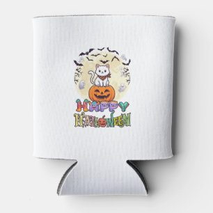 Porta-lata Feliz Halloween Gato Branco Abóbora Lua Morcegos F