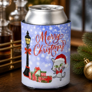 Porta-lata Feliz Natal Gato Engraçado de Chapéu de Papai No
