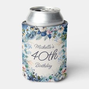 Porta-lata Festa de 40 Anos com Floral Aquarela Azul