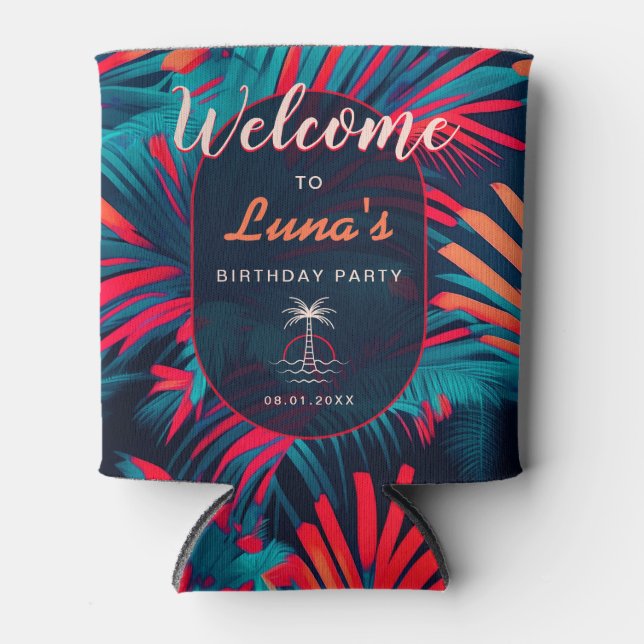 Porta-lata Festa de Aniversário da Praia Palm tree deixa o so (Frente)