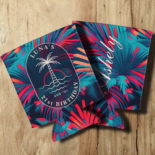 Porta-lata Festa de Aniversário da Praia Palm tree deixa o so (Criador carregado)