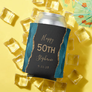 Porta-lata Festa de Aniversário de 50 anos Teal Ágata Dourado