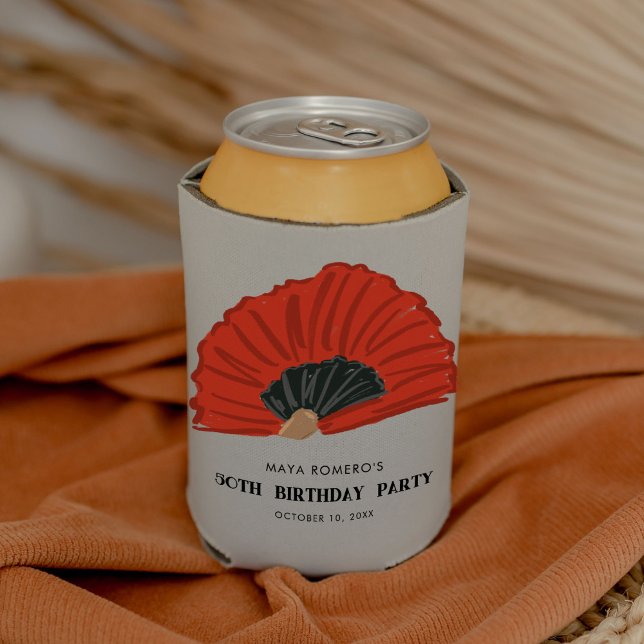 Porta-lata festa de aniversário do ventilador vermelho 50th (Red and black flamenco fan illustration birthday party can cooler.)