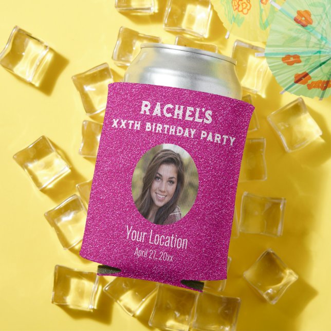 Porta-lata Festa de aniversário Favorece Foto Cintilante Rosa (Verão in situ)