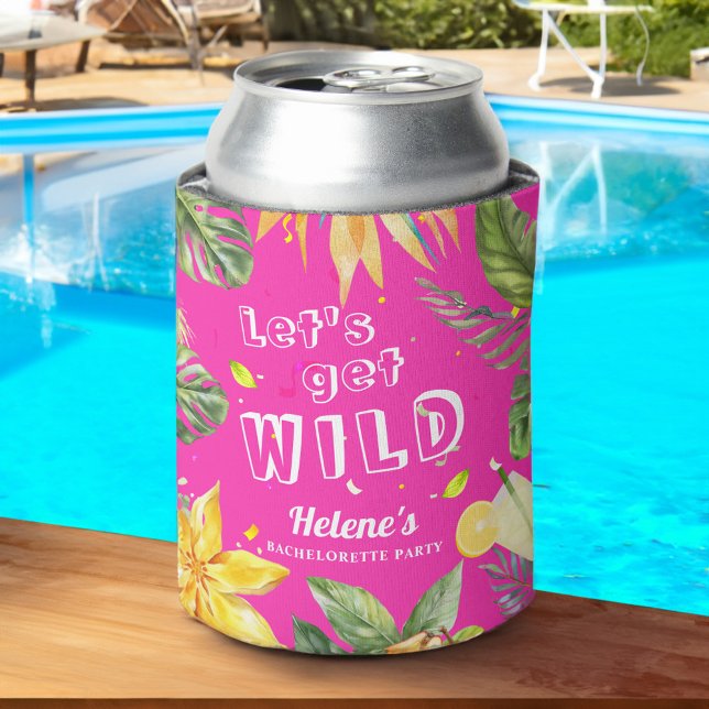 Porta-lata Festa de Despedida de Solteira Tropical e Divertid (Fun Tropical Pink Bachelorette Party Can Cooler)