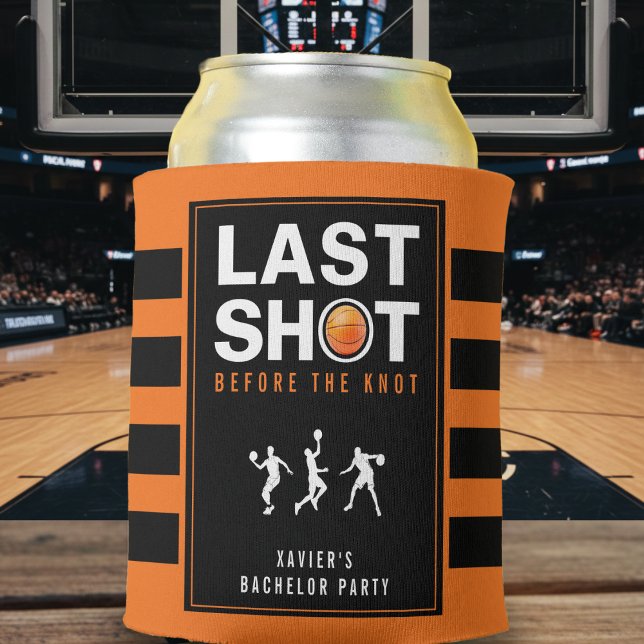 Porta-lata Festa de Despedida de Solteiro de Basquetebol Últi (Basketball Bachelor Party Last Shot Orange Striped Can Cooler
)