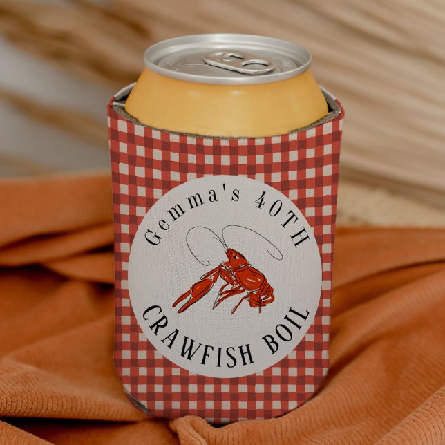 Porta-lata Festa de frutos do mar fervura de lagostim de ging (Crawfish illustration classic red gingham crawfish boil can cooler.)