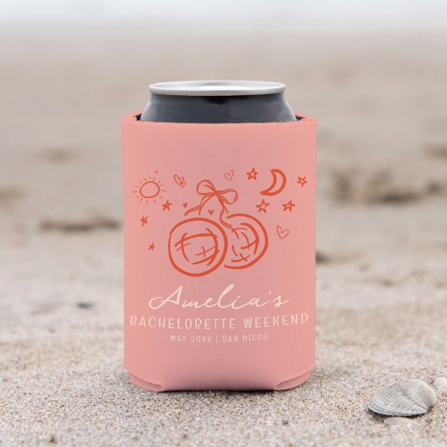 Porta-lata Fim de semana de despedida de solteira em esboço r (Pink and red disco bachelorette party personalized can cooler.)