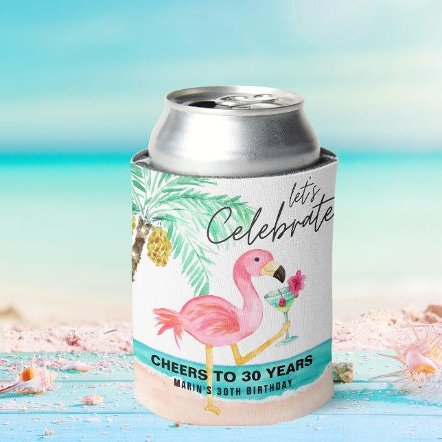 Porta-lata Flamingo Beach Party Tropical Palm Birthday (Criador carregado)