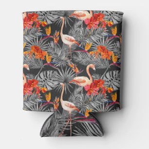 Porta-lata Flamingo e flores, padrão monocromático.