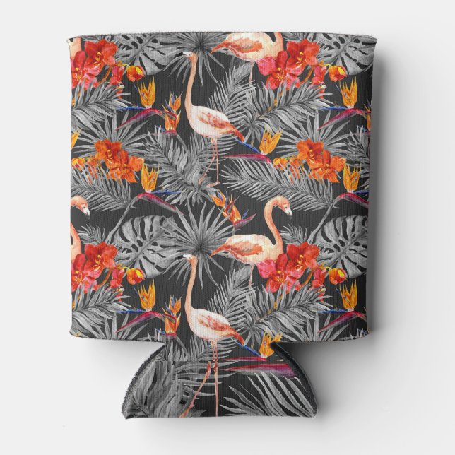 Porta-lata Flamingo e flores, padrão monocromático. (Frente)