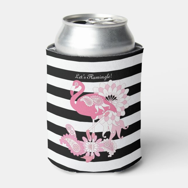 Porta-lata Flamingo Rosa Caprichoso Listras Pretas e Brancas (Can Front)