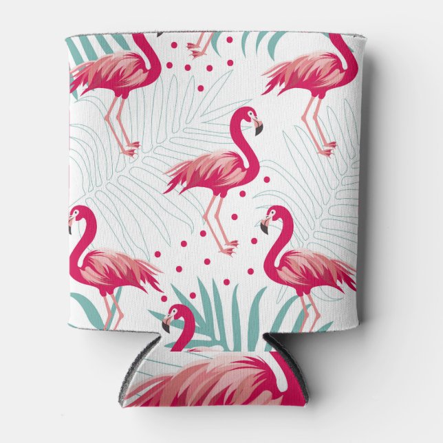 Porta-lata Flamingo tropical e folhas, padrão de verão. (Frente)