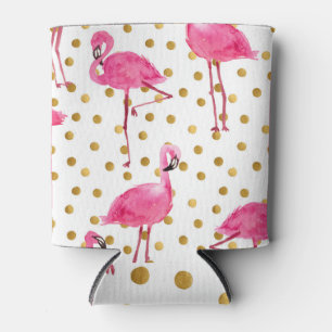 Porta-lata flamingos cor-de-rosa, pontos ouros, aquarela.