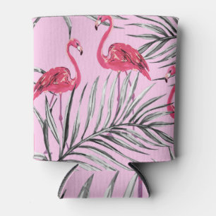 Porta-lata Flamingos, padrão de vinheta de aquarela tropical.