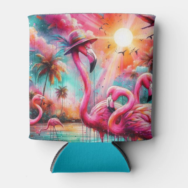 Porta-lata Flamingos Rosa Tropicais Palmeiras Palmeiras Teais (Frente)