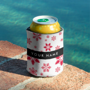Porta-lata Flocos de neve vermelhos, seu nome, personalize