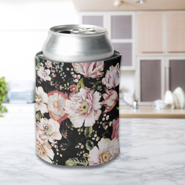 Porta-lata floração floral-esita-branca-branca-boêmica (bohemian chic blush pink flowers dark floral can cooler)