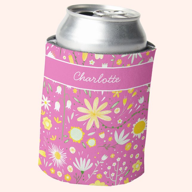 Porta-lata Floral de Flor Botânico Rosa Quente Personalizado (Personalized name hot pink and yellow wildflower pattern can cooler)
