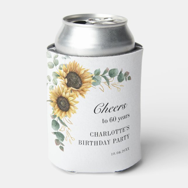 Porta-lata Floral Eucalyptus Sunflower Script 60th Birthday (Can Front)