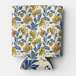 Porta-lata Flores amarelas, folhas azuis, design sem costura.