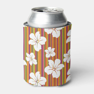 Porta-lata Flores brancas em um fundo listrado