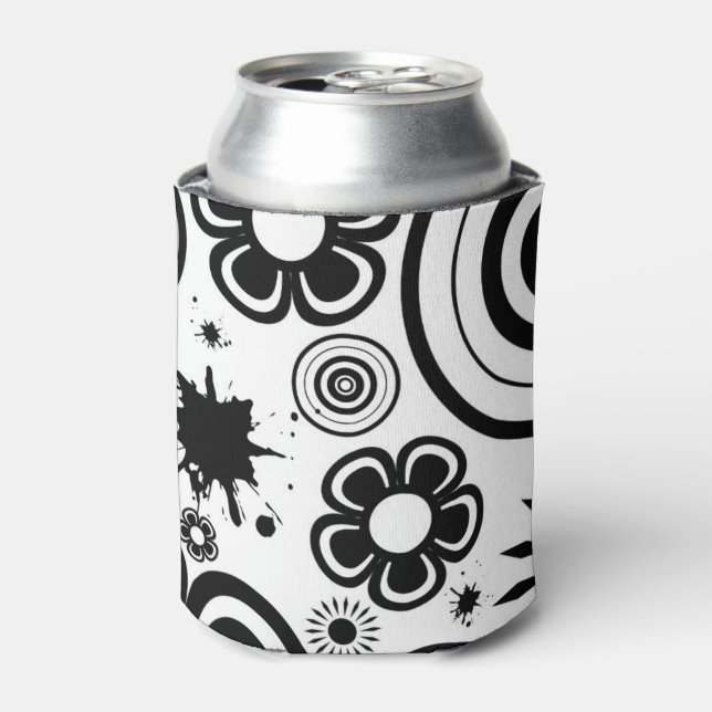 Porta-lata Flores caprichosas em preto e branco, círculos, re (Can Front)