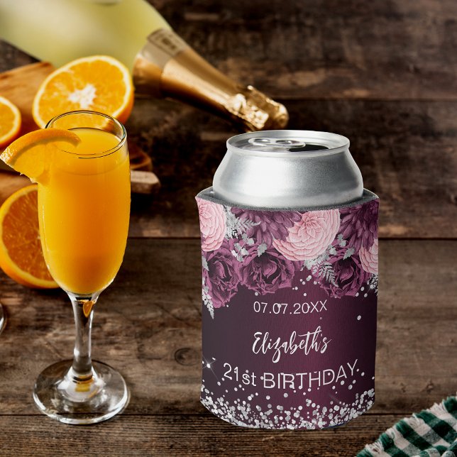 Porta-lata Flores cor-de-rosa-prateado de aniversário (Criador carregado)