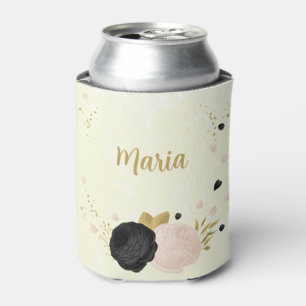Porta-lata flores cor-de-rosa pretas casamento botânico doura