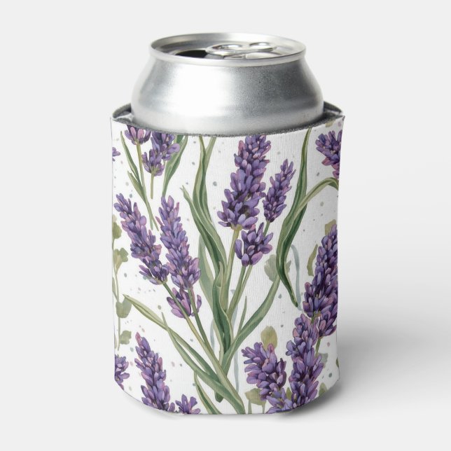 Porta-lata Flores de Lavanda Roxa Botânica Aquarela (Can Front)