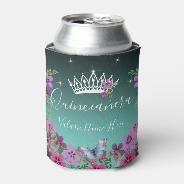 Porta-lata Flores e borboletas Princesa Quinceanera azul (Can Front)
