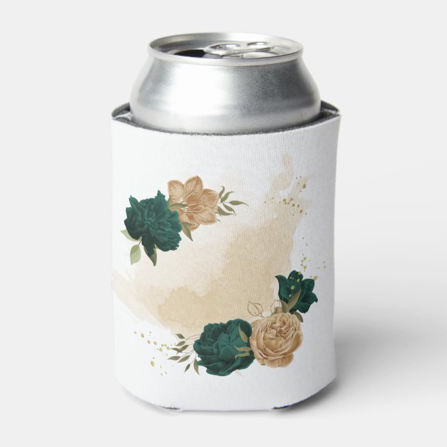 Porta-lata flores esmeralda verde e dourado bege (Can Front)