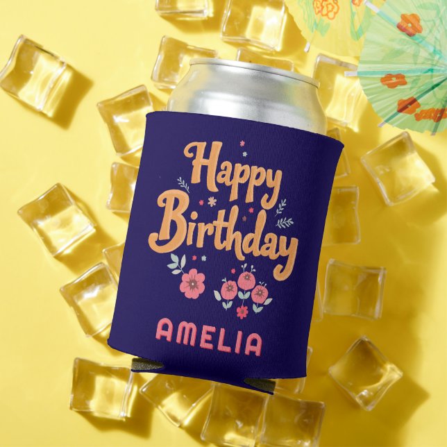 Porta-lata Flores Florais Feliz Aniversário Handlettering (Verão in situ)