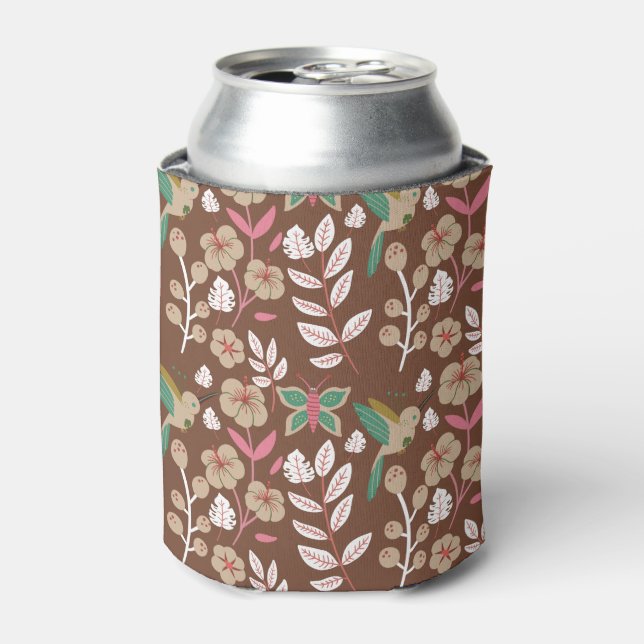 Porta-lata Flores, flores, folhas, borboletas, sem costura, (Can Front)