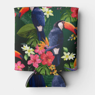 Porta-lata Flores tropicais, tucano: fundo floral.
