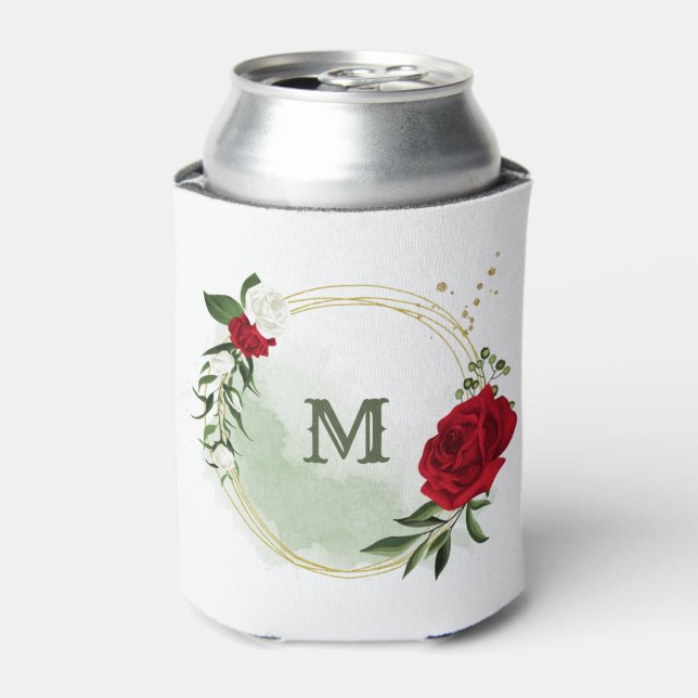 Porta-lata Flores vermelhas e brancas monograma botânico verd (Can Front)