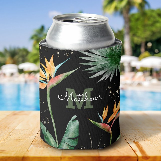 Porta-lata Folhagem Tropical Palm Monograma Script Dourado Pr (Criador carregado)