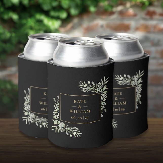 Porta-lata Folhagem Verde e Dourado para Casamento (Black And Gold Greenery Foliage Wedding Can Cooler)