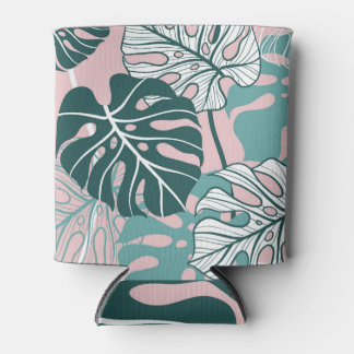 Porta-lata Folhas de monstera desenhadas à mão, fundo rosa.