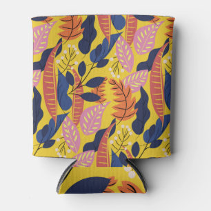 Porta-lata Folhas tropicais e bagas, fundo amarelo.