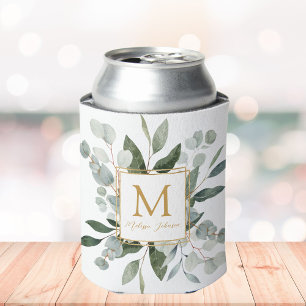 Porta-lata Folhas Tropicais Verde Monograma Aquarela