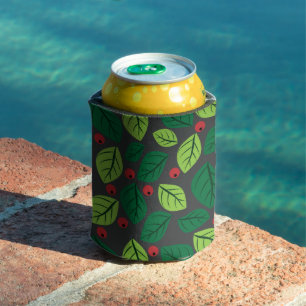 Porta-lata Folhas Verdes, Berries Vermelhos, Padrão De Folhas