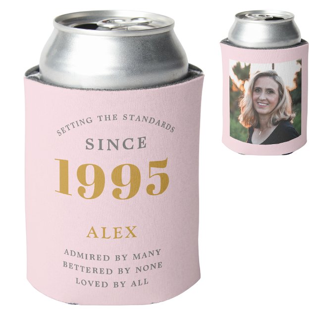 Porta-lata Foto Da Cinza Rosa Chic 1995 Do aniversário de 30  (Personalized pink 30th birthday can cooler with custom photo and name.)