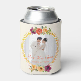 Porta-lata Foto de casal em moldura floral bege casamento mr
