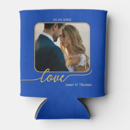 Porta-lata Foto Dourada Azul de Casamento Fria