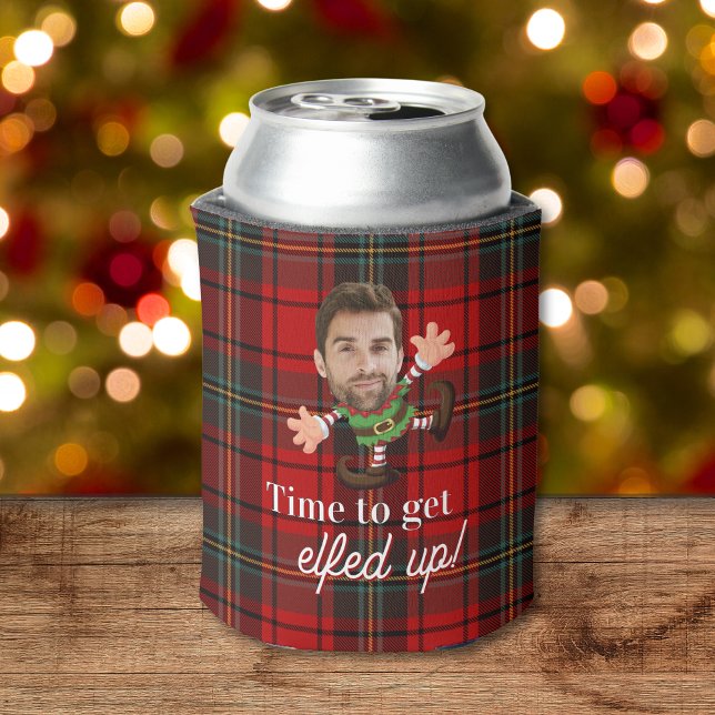 Porta-lata Foto Engraçada Face Enfeitada Presente Personaliza (red plaid funny photo face can cooler for christmas gift with time to get elfed up merry christmas)