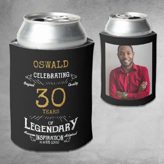 Porta-lata Foto lendária Dourada aniversário de 30 anos Black (A personalized elegant 30th birthday can cooler that is easy to customize)